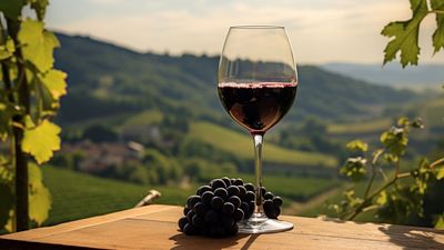 A glass of wine on an old table with a vineyard background Ein Glas Wein auf einem alten Tisch mit Weinberghintergrund
