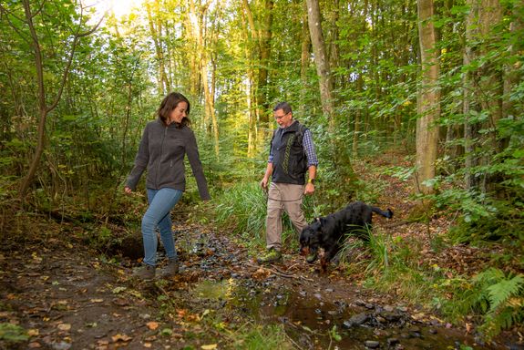 Eine Frau, ein Mann und ein Hund beim Wandern